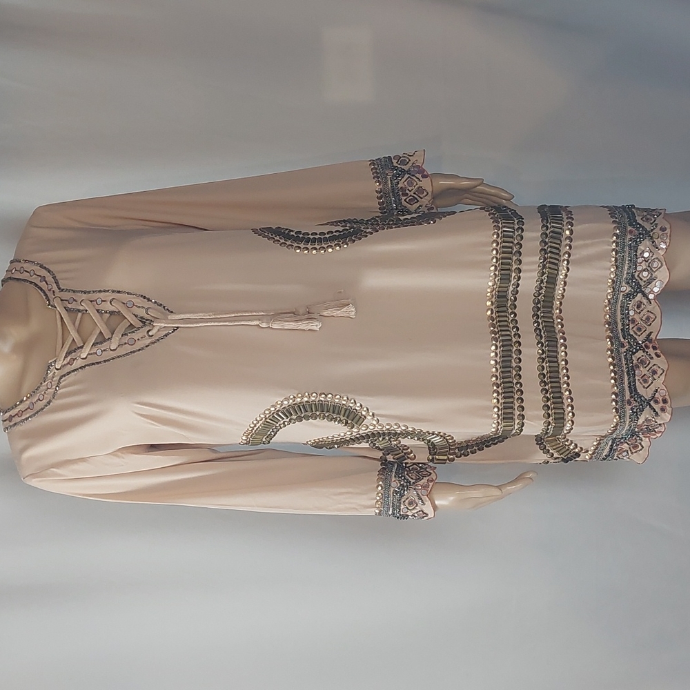 Venus Beige beaded studded embellished Long sleeve tassel tie Dress size S